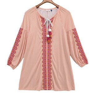 Cabana Life Tulum Coverluxe Dress Orange Embroidered Tassel 3/4 Sleeve Size S